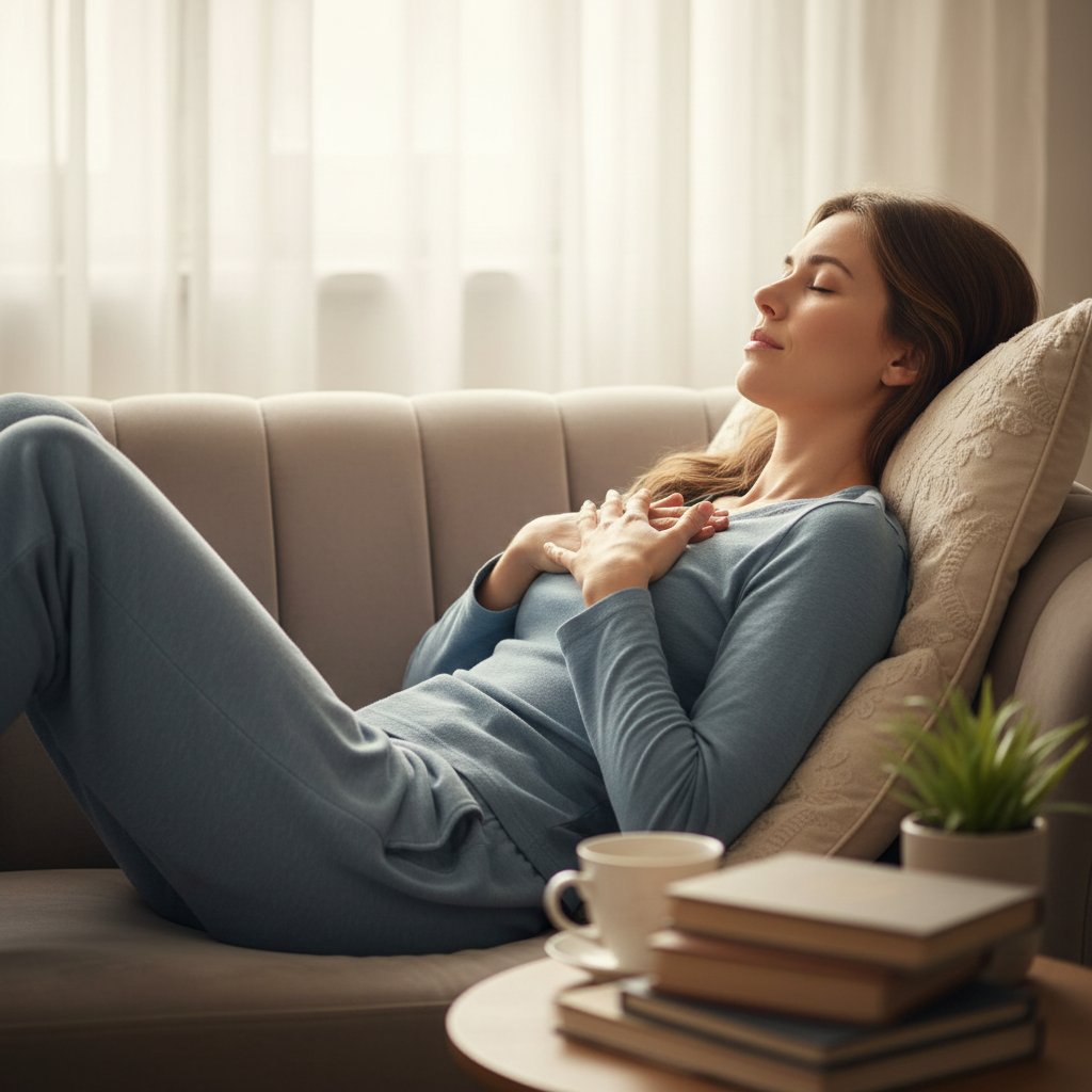 Osoba relaksująca się na kanapie, zamknięte oczy, ćwiczenia oddechowe przed rozmową z psychologiem