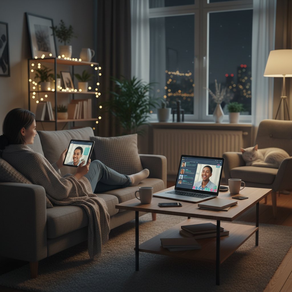 Osoba rozmawiająca z AI o relaksie online, wieczorne oświetlenie mieszkania, atmosfera intymności i spokoju