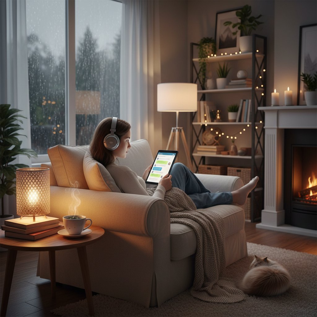 Spokojny pokój, osoba z herbatą i słuchawkami, pogrążona w relaksującej rozmowie online