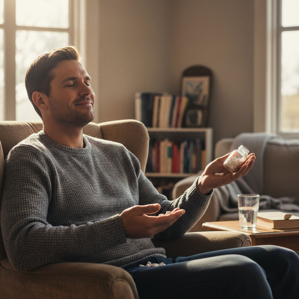 Mężczyzna z wyrazem ulgi na twarzy, trzymający opakowanie leków przeciwdepresyjnych, siedzący w domowym zaciszu