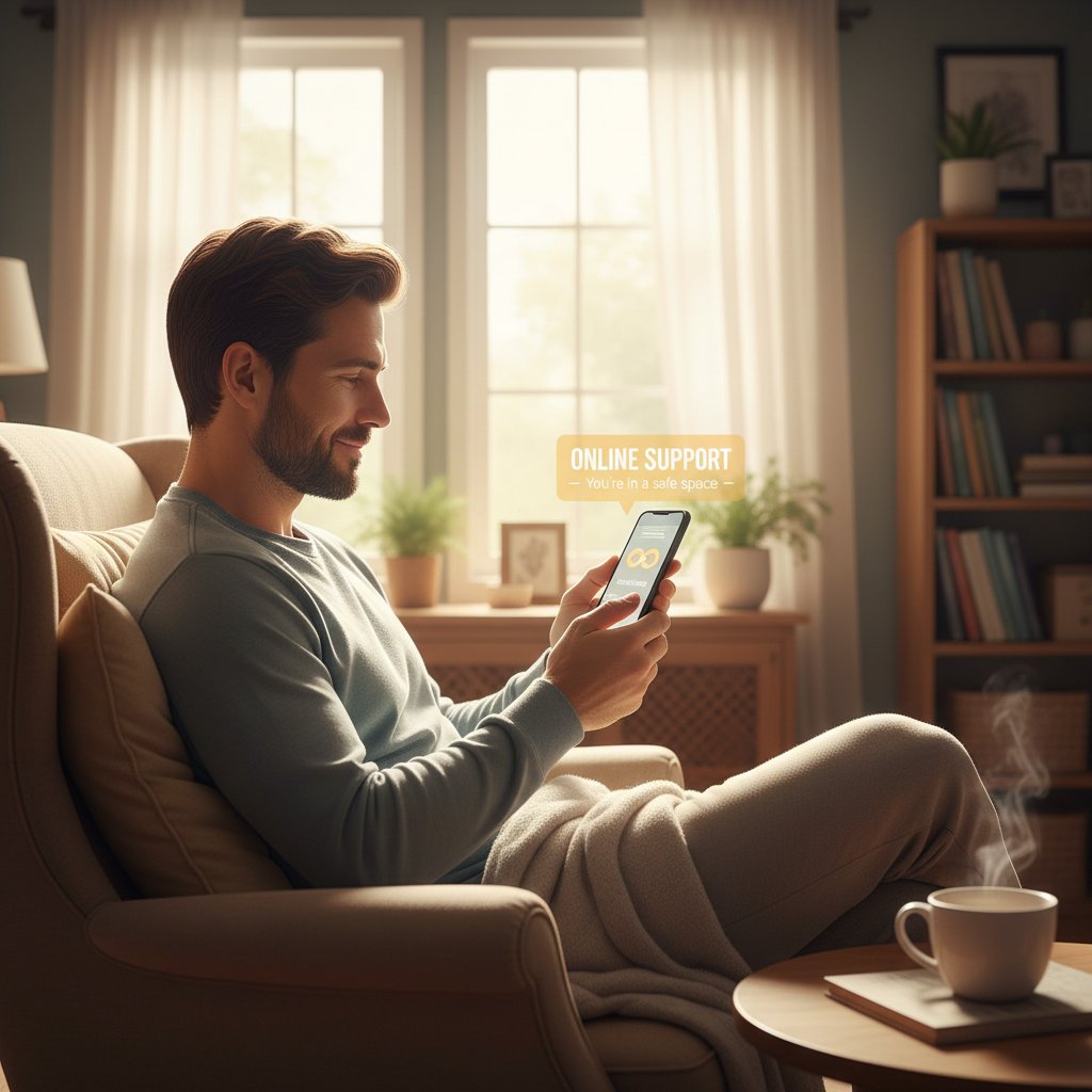 Mężczyzna patrzący z ulgą na ekran smartfona, symbolizujący poczucie bezpieczeństwa po wsparciu online