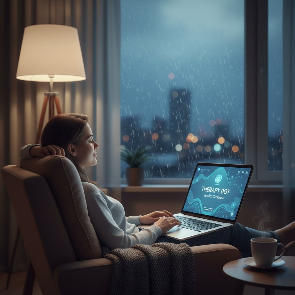 Osoba patrząca z ulgą na ekran, AI wsparcie psychologiczne online, laptop, wieczór