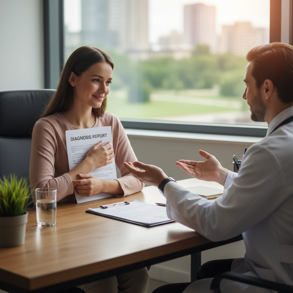 Portret kobiety ze łzami ulgi po otrzymaniu pozytywnego wyniku i wczesnej diagnozie