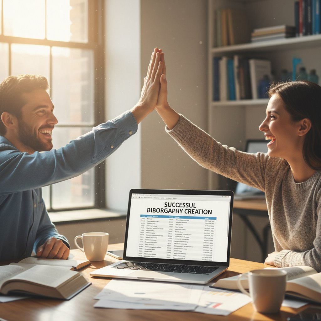 Relieved researcher high-fiving a friend over a laptop after successful bibliography creation