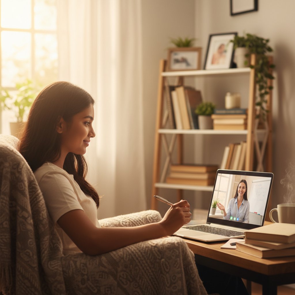 Erleichterter Schüler im Videogespräch mit Online-Tutor