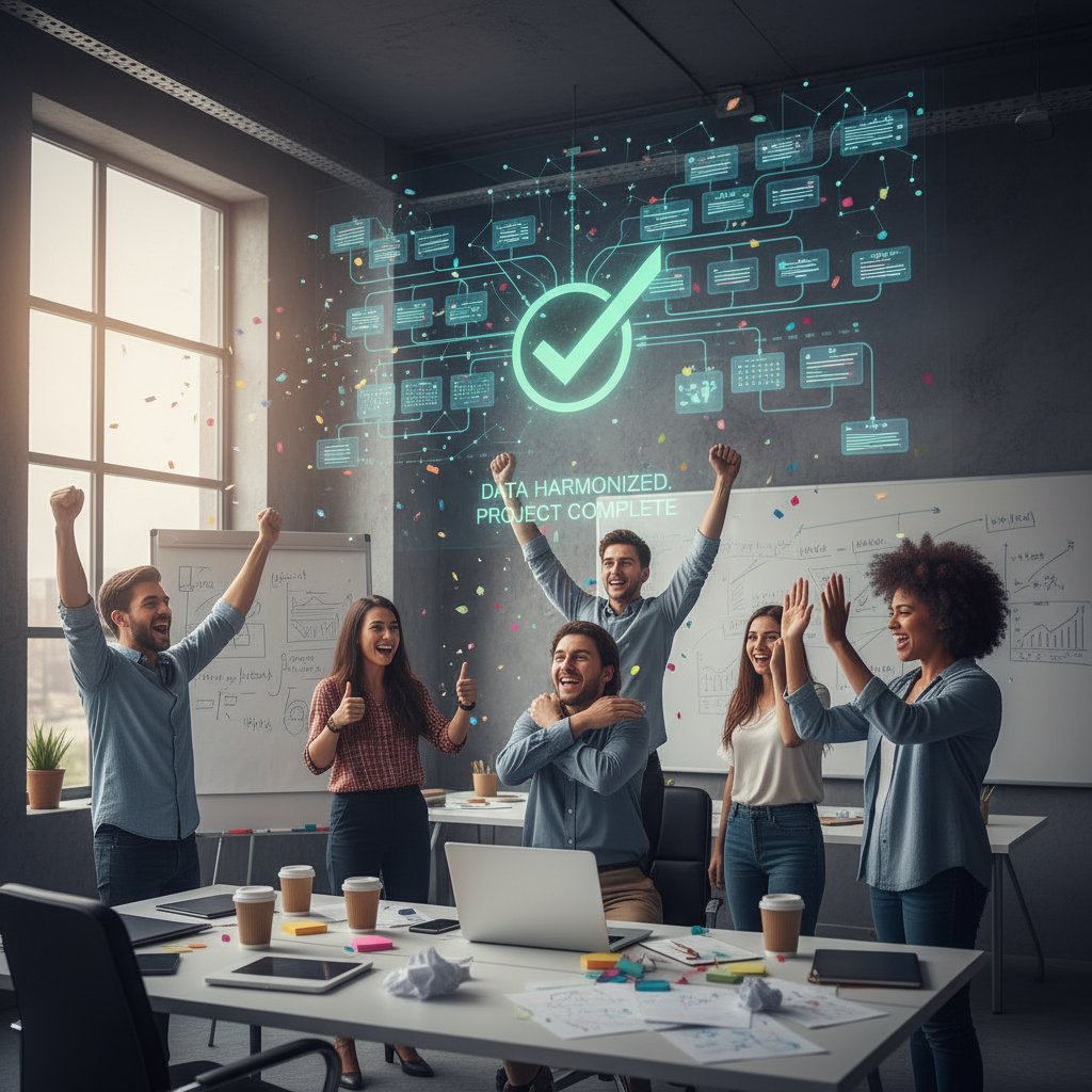 Relieved team celebrating after resolving data chaos thanks to a data helper, vibrant workplace, storytelling