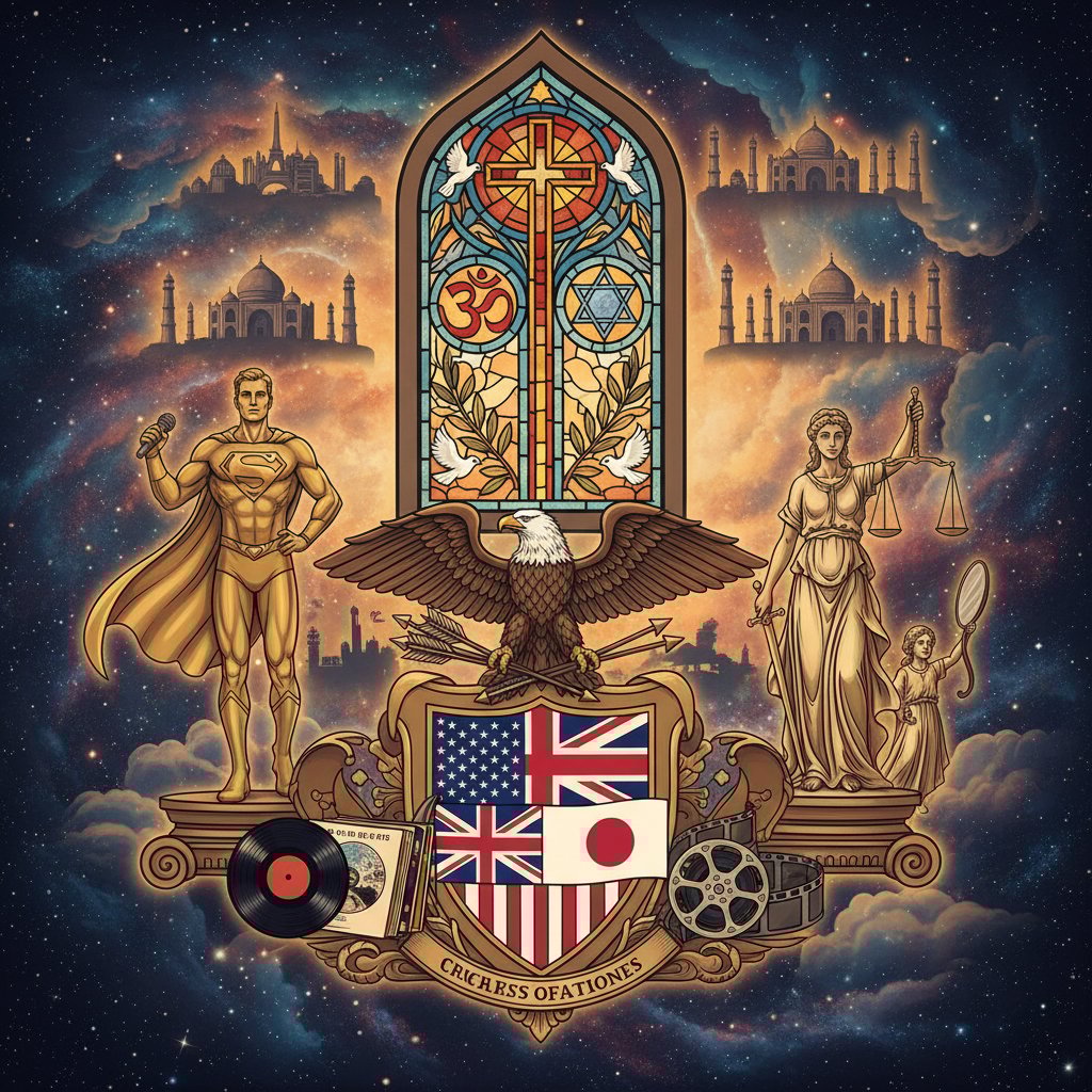 Kolaż: symbole religijne, narodowe i popkulturowe – różne oblicza cnót