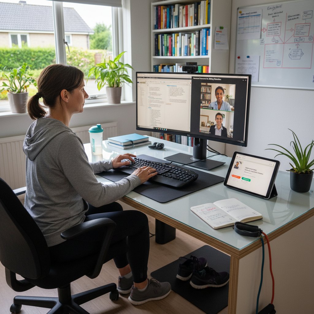 Remote academic editor working from home after completing online training, looking focused