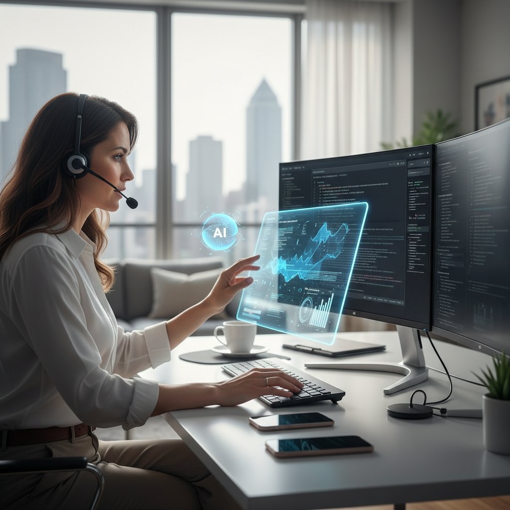 Pracownik administracyjny pracujący zdalnie z pomocą AI