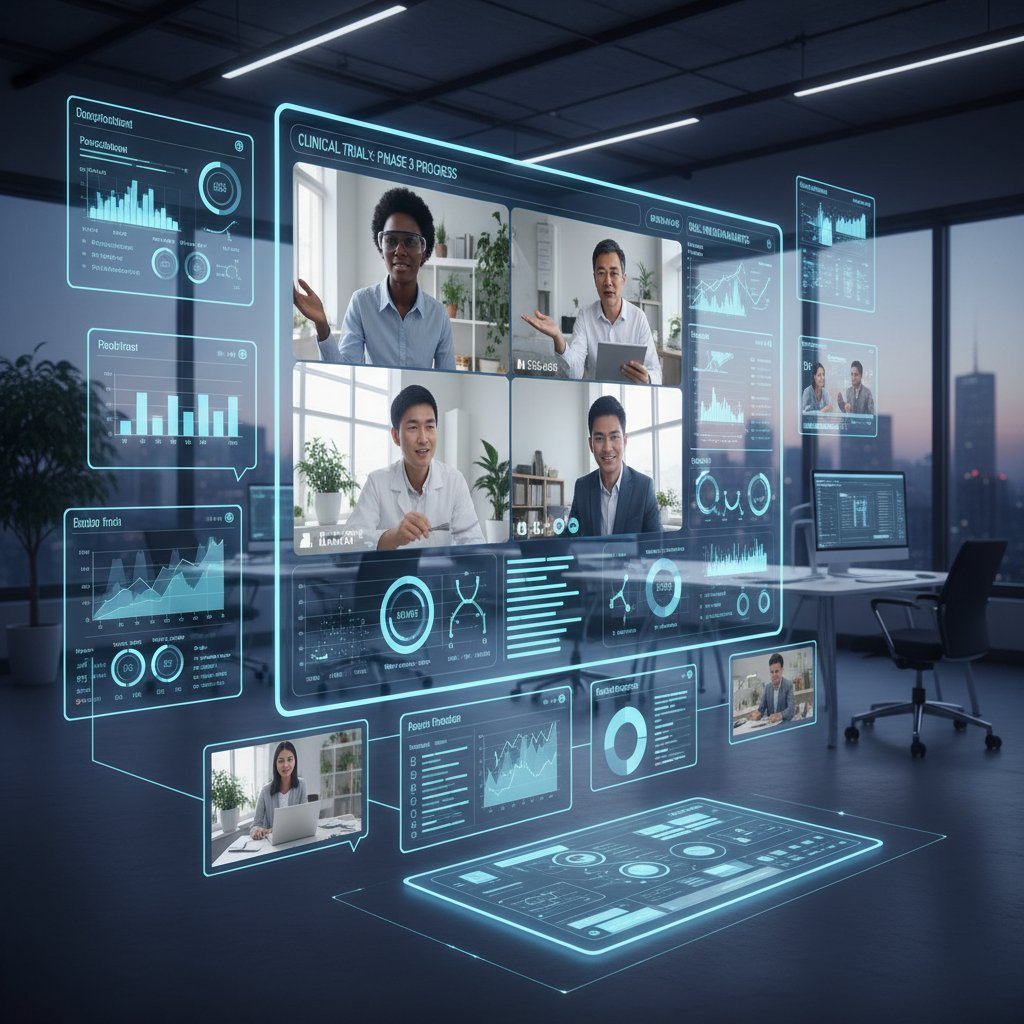 Team of remote clinical researchers collaborating across devices, with digital dashboards and video calls, in a modern workspace