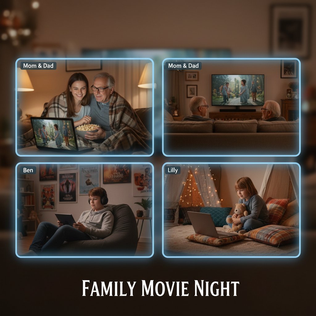Families connecting over a virtual movie night, showing remote family movie night bonding.