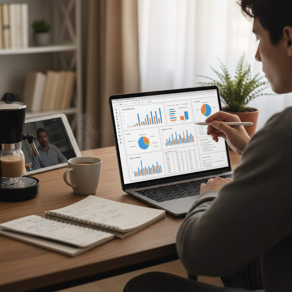 Studentka podczas zdalnej lekcji Power BI, laptop, notatki, kawa