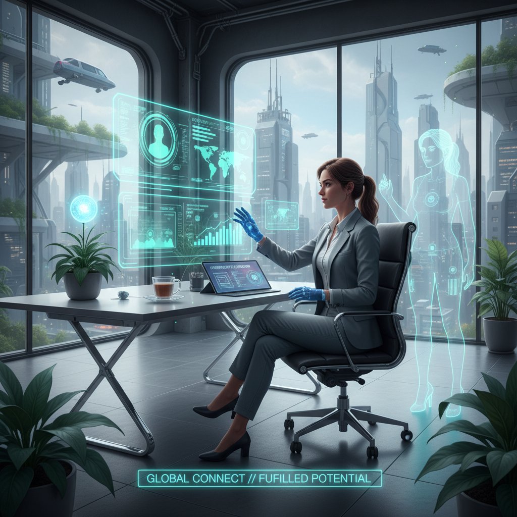 Visionary remote office manager leading team into digital future, empowered and confident, modern workspace, productivity