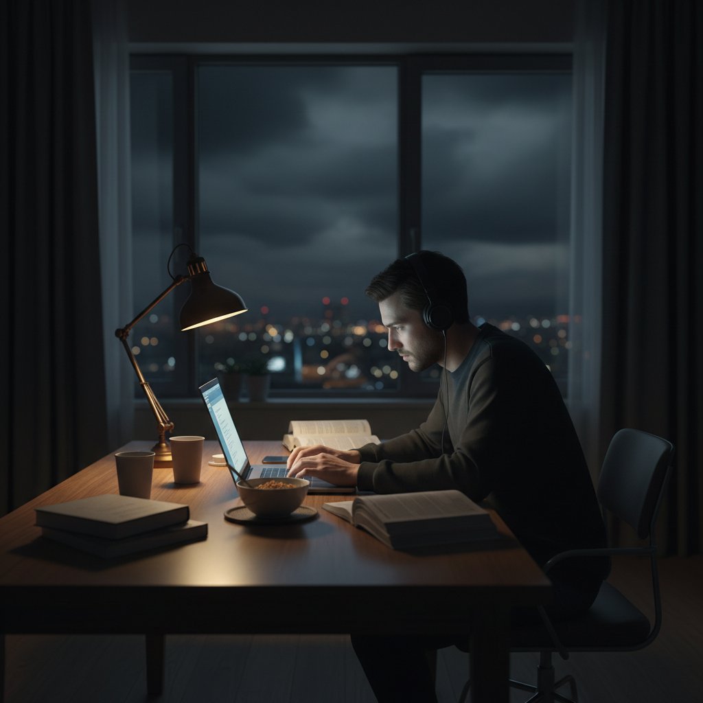 Researcher sitting alone at night, blue laptop glow, papers scattered, expression reflects isolation and fatigue, remote research assistant keywords