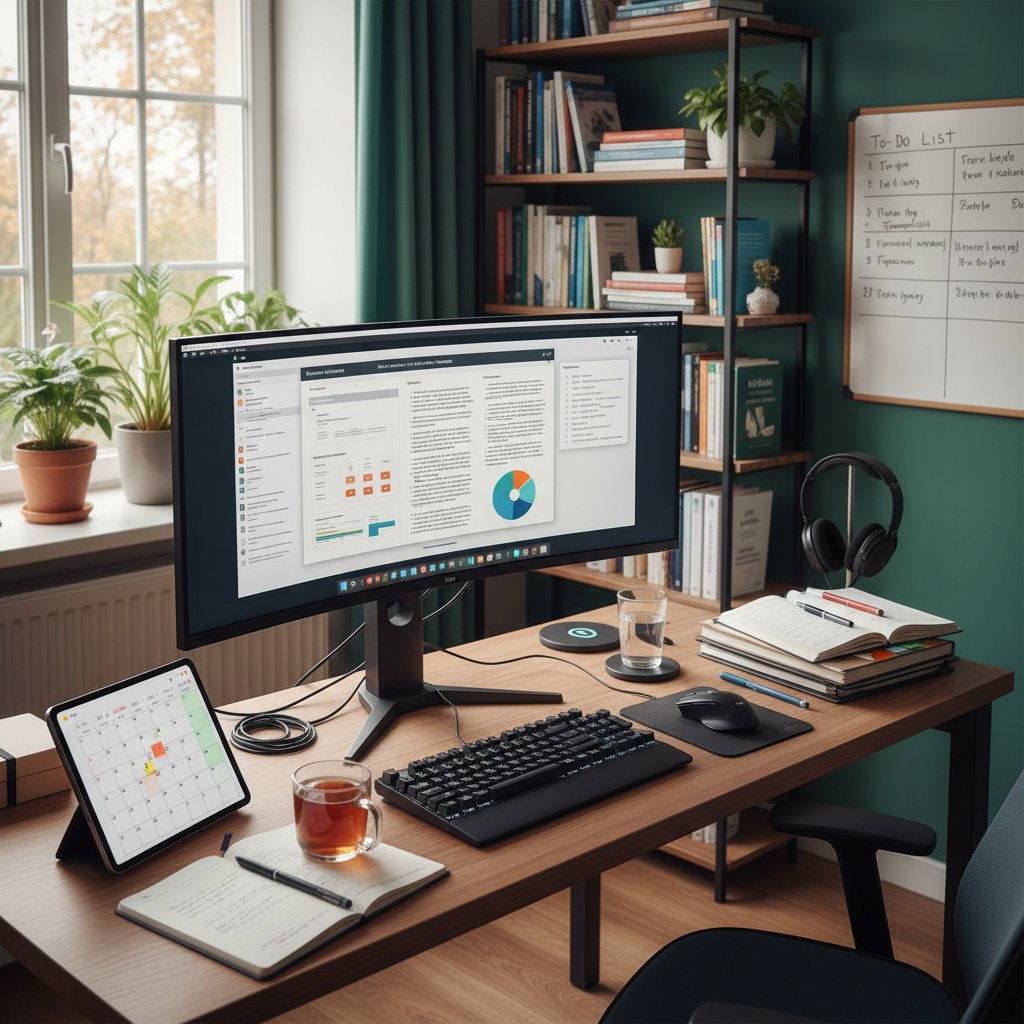 Organized remote research assistant workspace: laptop, notepad, plant, tidy desk, light streaming in, keywords: effective remote research workspace