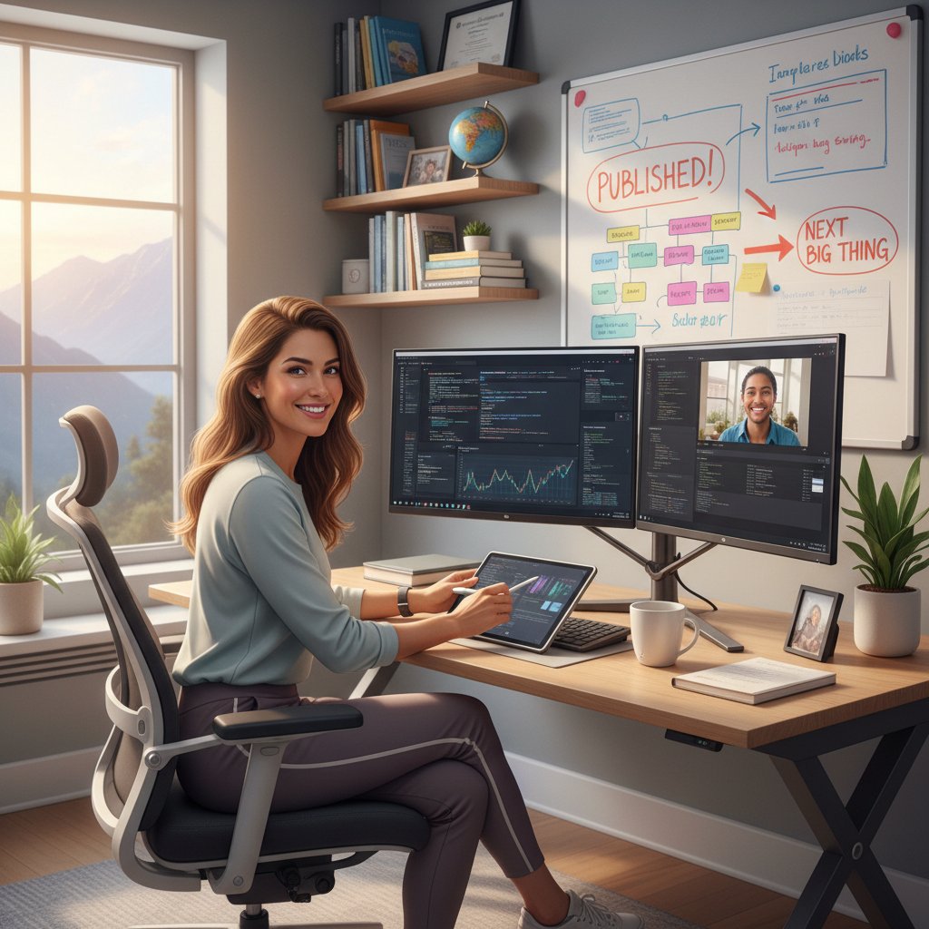 Portrait of a remote researcher at their desk, digital devices, motivated expression, remote research success story