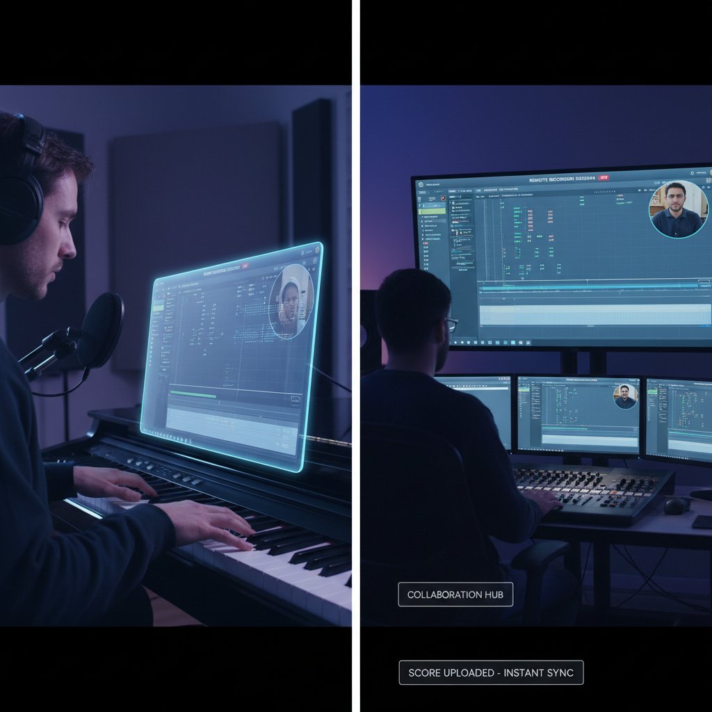Remote movie score recording session powered by advanced technology, composer collaborating virtually with musicians across multiple screens, movie score recording.