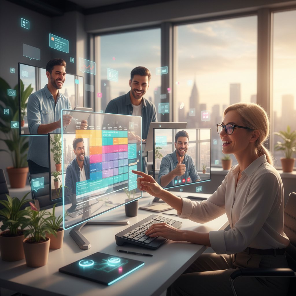 Remote team collaborating with digital interfaces, modern energetic, calendar handler workflow
