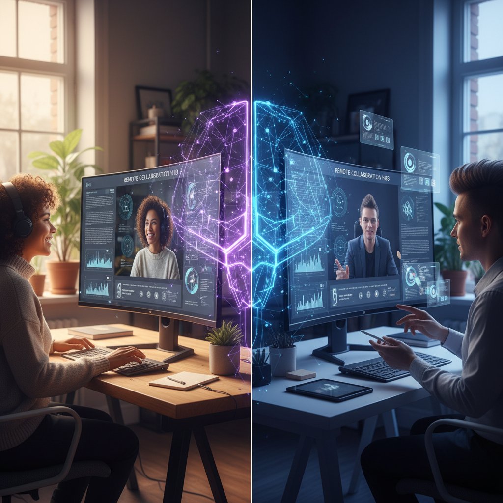 Diverse remote team in an active video call with AI interface overlay in split home-office environment