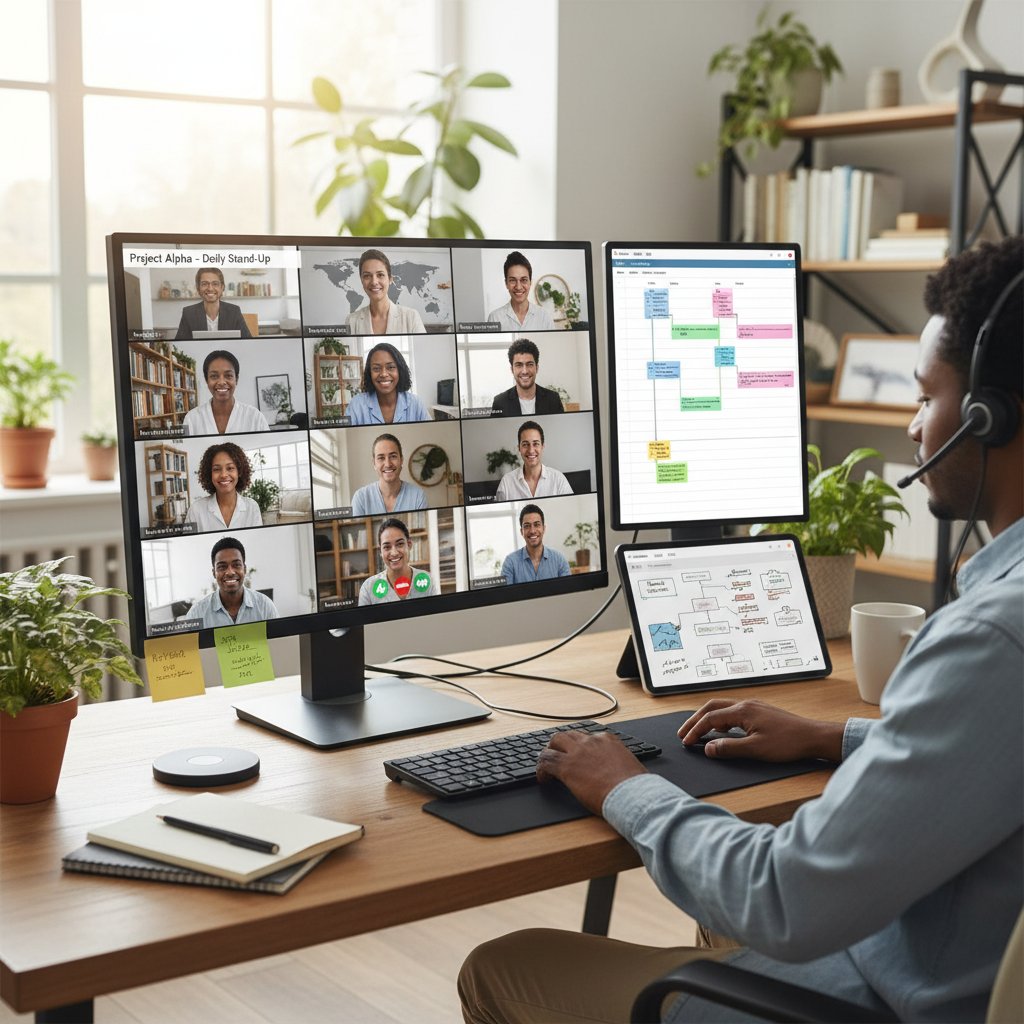 Zespół pracujący zdalnie, komunikacja online i narzędzia do zarządzania efektywnością