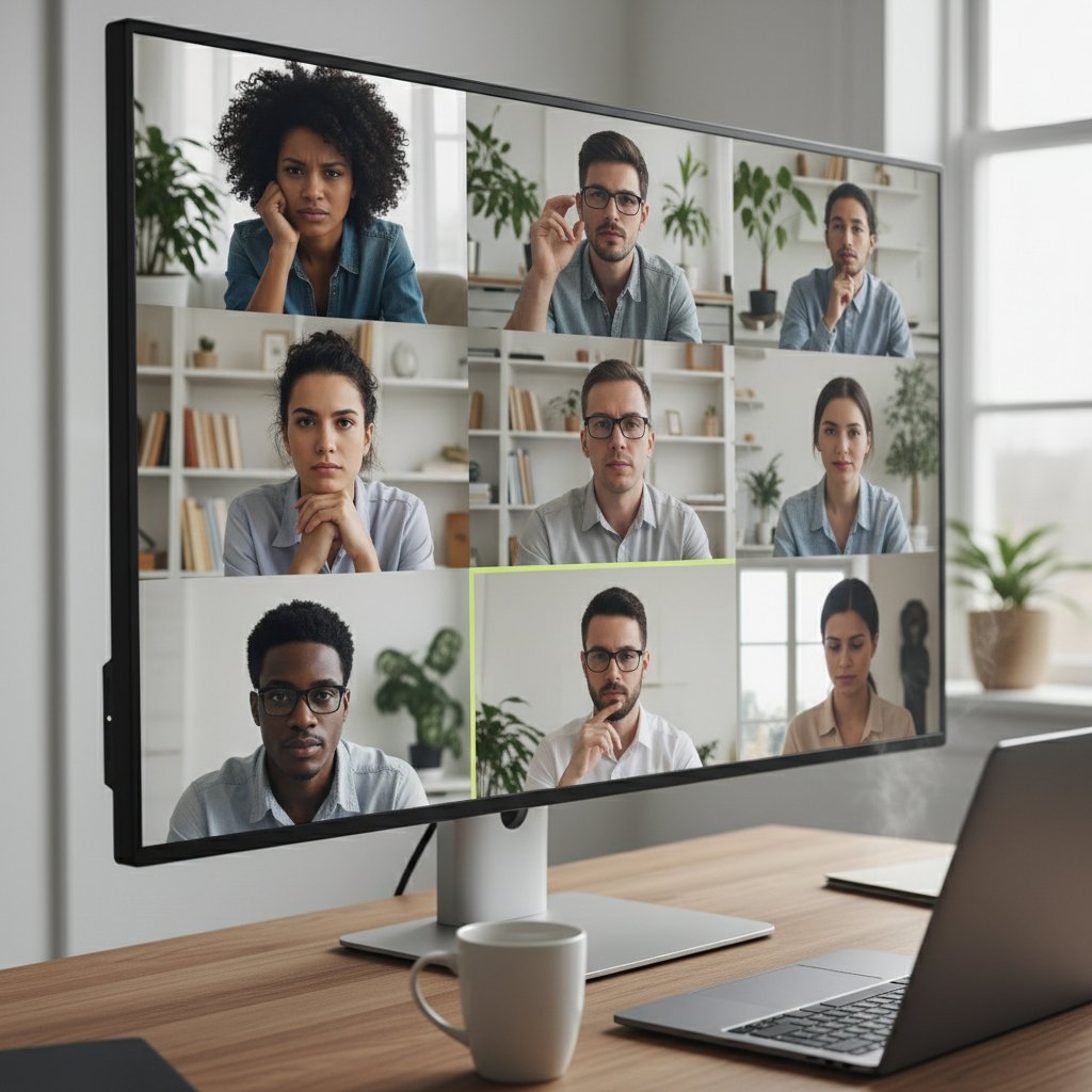 Zdalny zespół pracujący przez wideokonferencję, skupienie na rozmowie, ekspresja intonacji