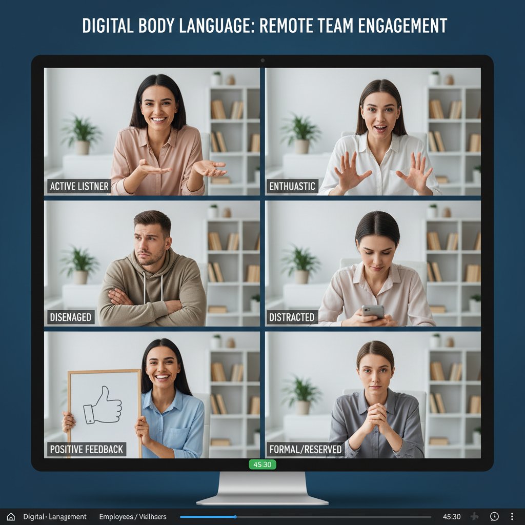 Remote team members on video call, expressive faces and gestures revealing mood and engagement in virtual communication