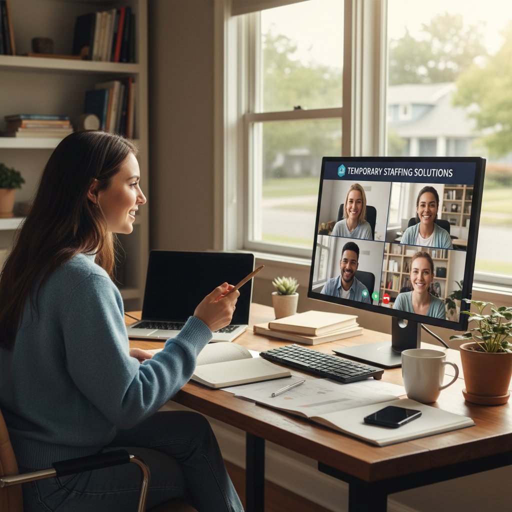 Remote temp staff collaborating online, home office setup, video call, digital teamwork