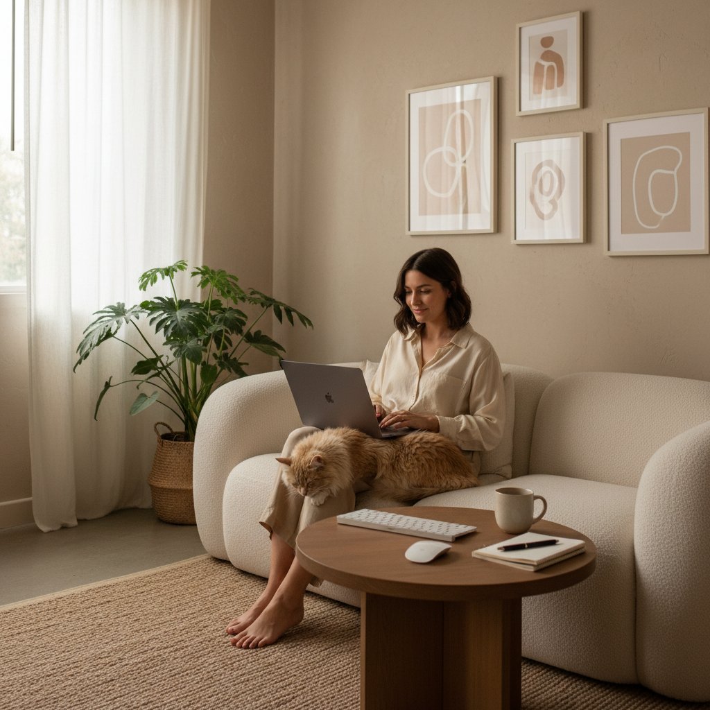 Osoba korzystająca z laptopa w spokojnym wnętrzu, ilustracja pracy zdalnej, rozmowa online, wsparcie emocjonalne