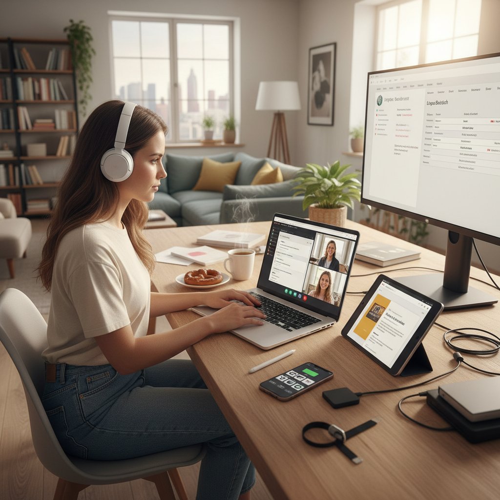 Osoba ucząca się niemieckiego online w domowym biurze, z widocznym ekranem laptopa i cyfrowymi narzędziami, słowa kluczowe: nauka niemieckiego przez internet, praca zdalna, edtech