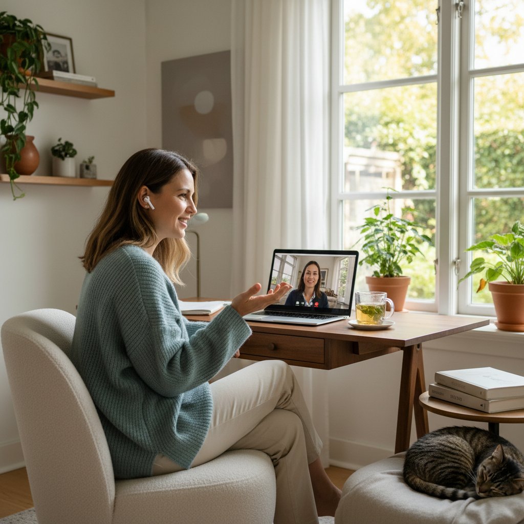 Osoba pracująca zdalnie, korzystająca z konsultacji psychologicznej, spokojne domowe otoczenie