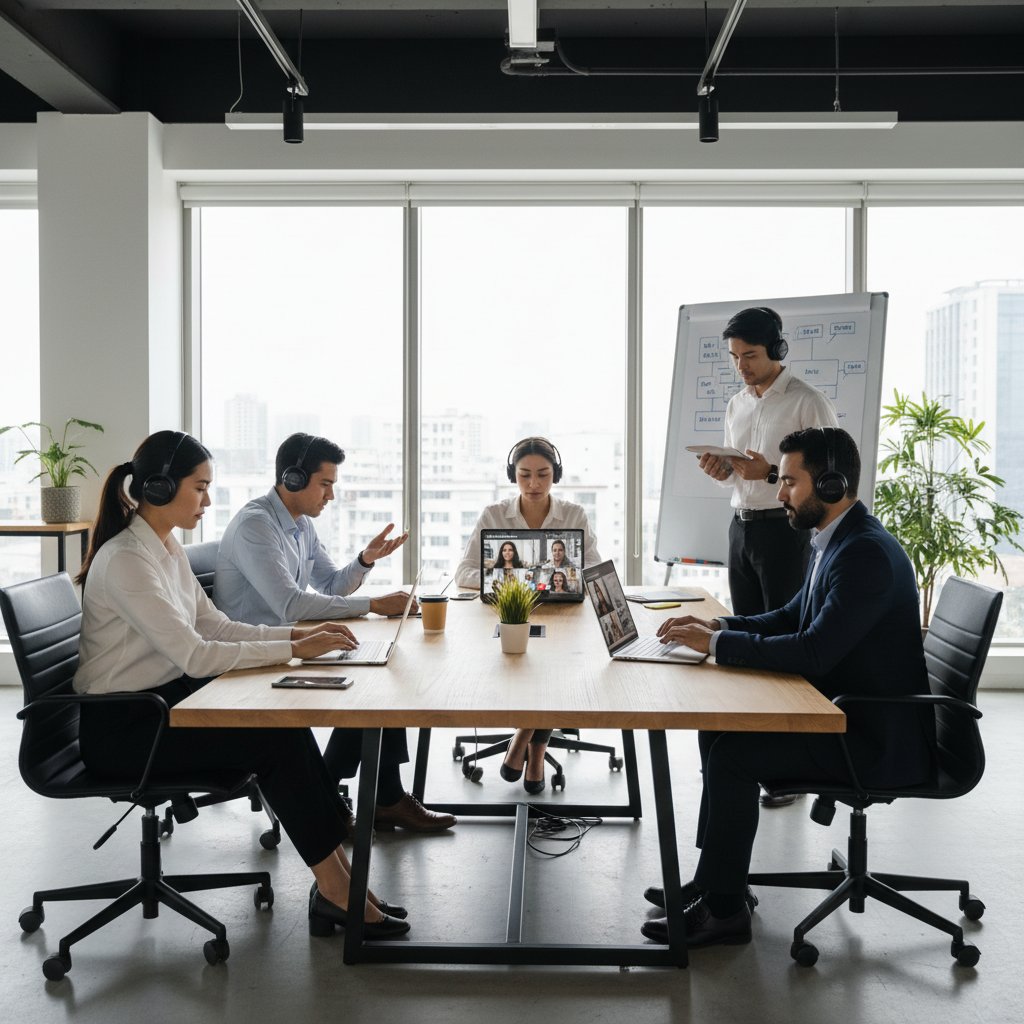 Nowoczesne biuro, ludzie komunikują się przez laptopy bez użycia głosu