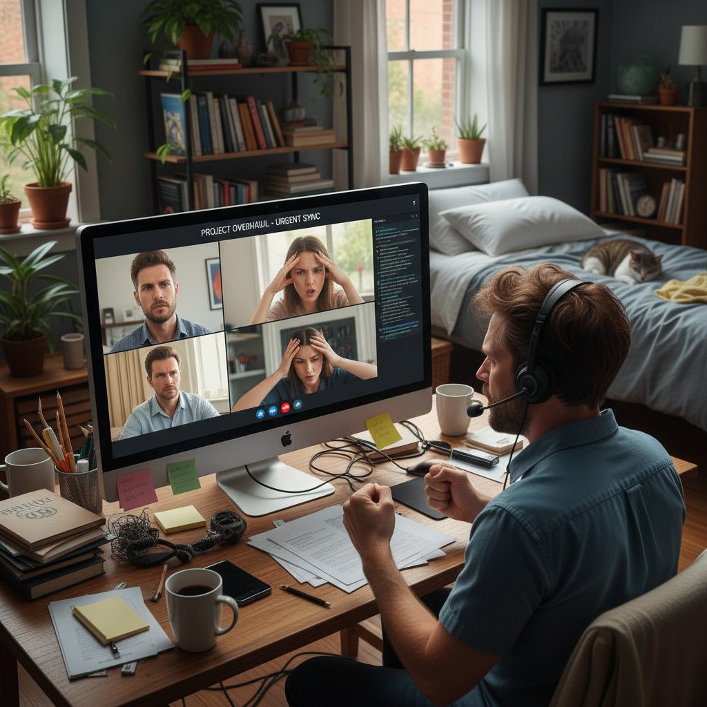 Pracownik uczestniczący w wideokonferencji w domowym biurze, konflikt pracy zdalnej