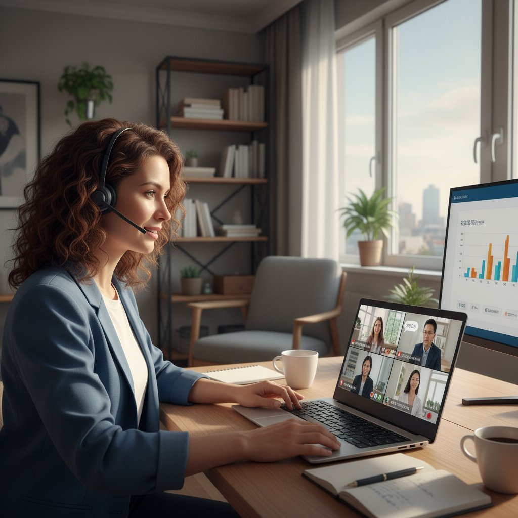 Osoba pracująca zdalnie, prowadząca wideokonferencję w języku obcym na tle domowego biura