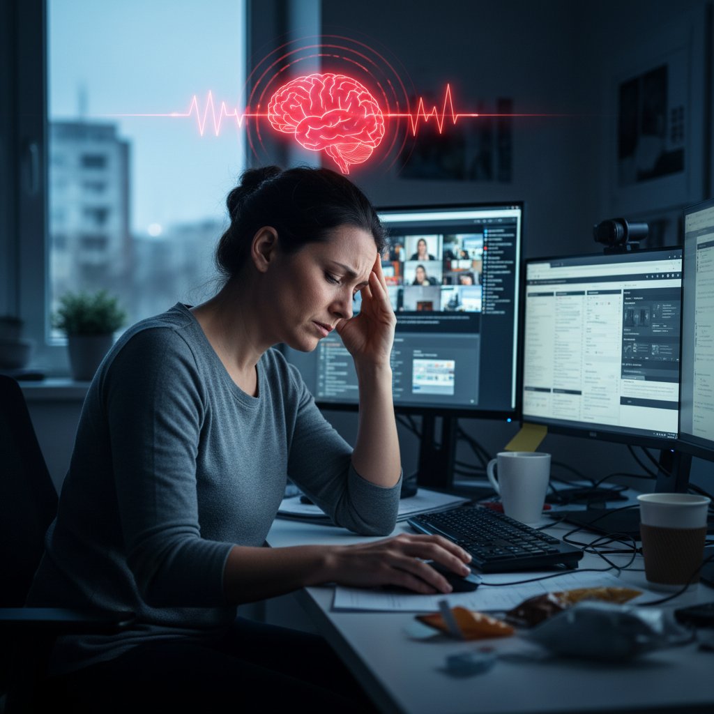 Pracownik zdalny w domowym biurze, masuje skronie, obok laptop – cyfrowe wyzwania zdrowotne