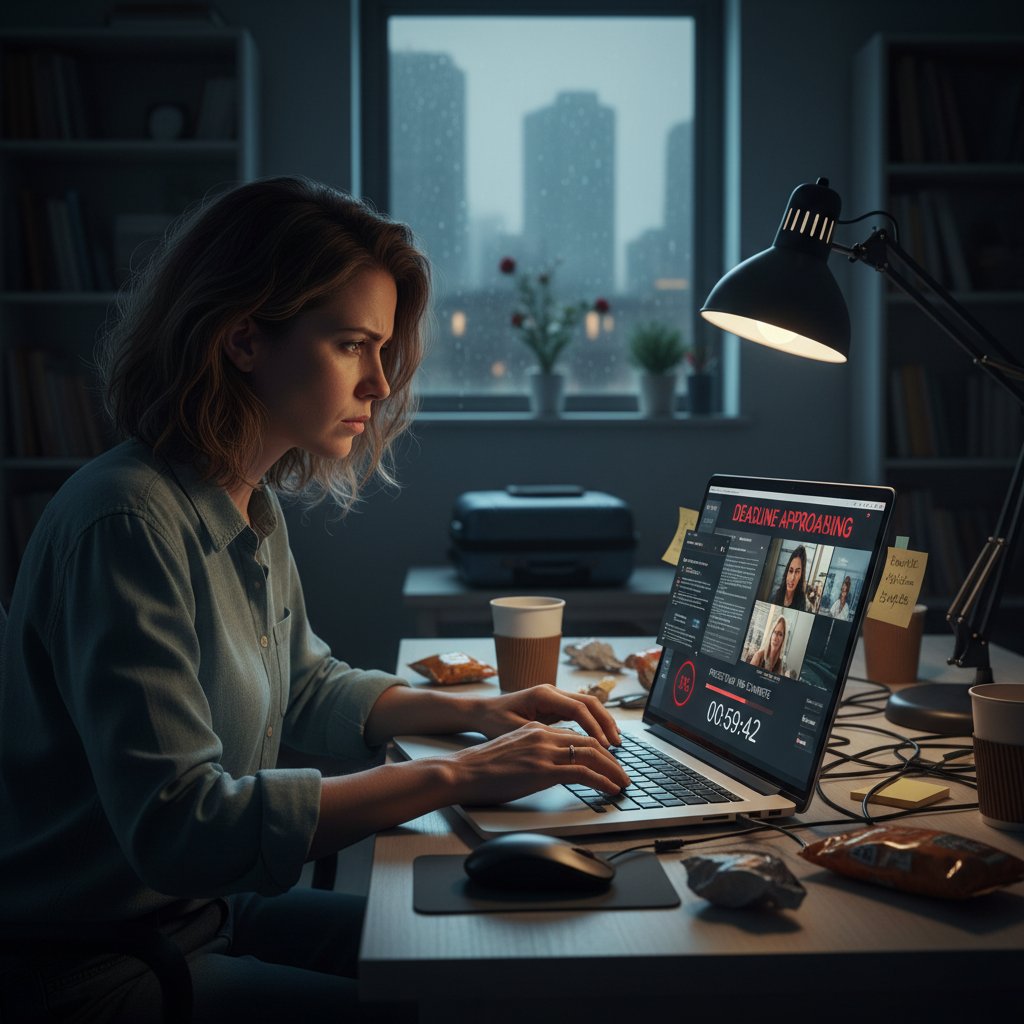 Photo of a remote worker feeling isolated at their laptop, reflecting workflow-induced stress