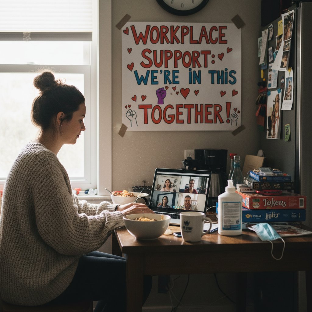Remote worker highlighting new support challenges post-pandemic, working in pajamas at a kitchen table with support icons floating
