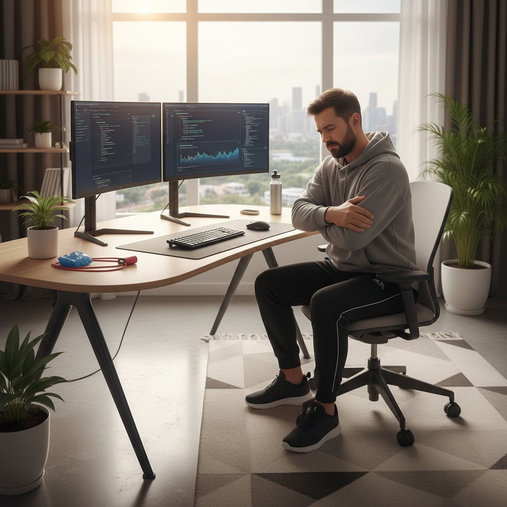 Pracownik zdalny trzymający łokieć podczas pracy przy laptopie, domowe biurko, współczesny wystrój