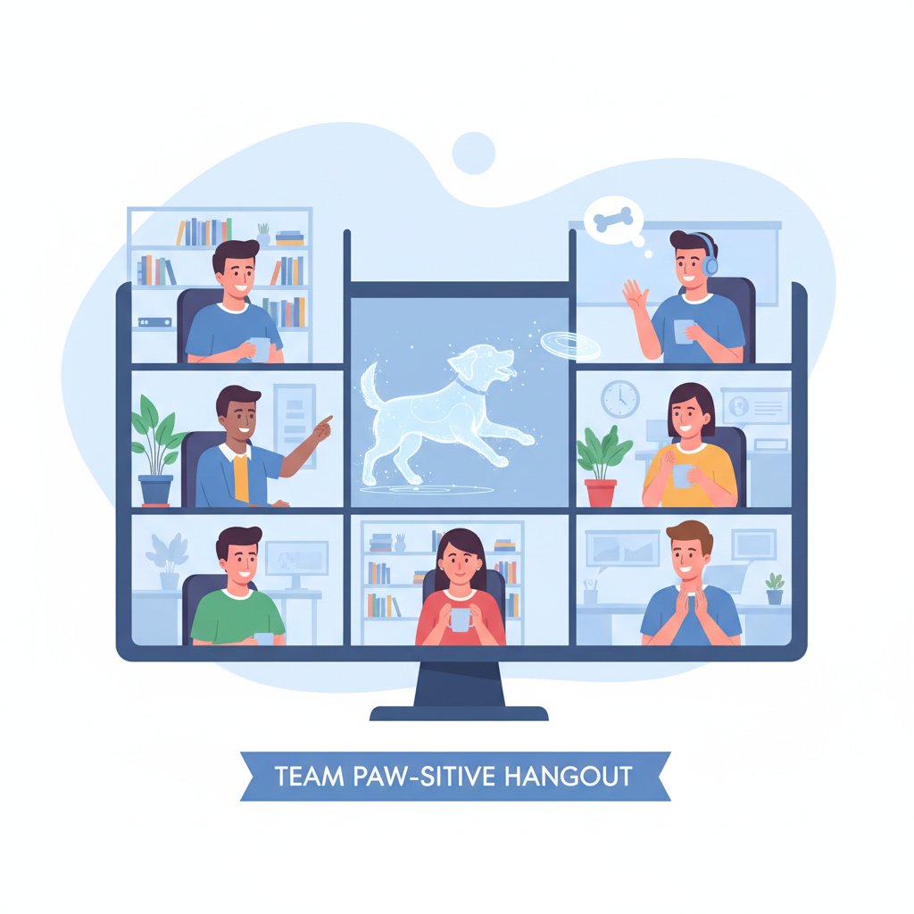 Grupa pracowników zdalnych, śmiejących się podczas wideokonferencji z wirtualnym psem na ekranie