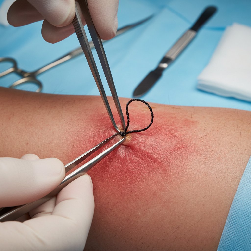 Chirurg usuwa wrastający szew z zaczerwienionej, opuchniętej skóry pacjenta