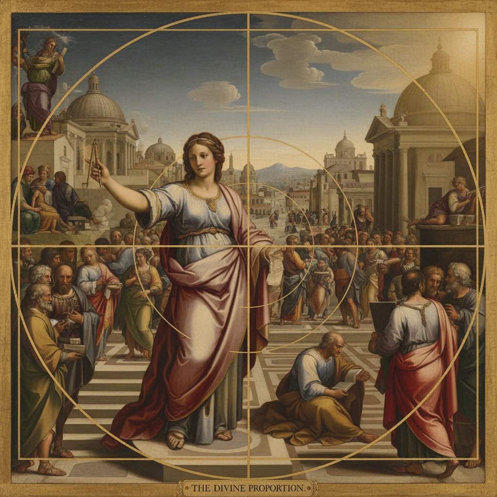 A Renaissance painting with a golden spiral overlay, illustrating the golden ratio myth in art and cinema