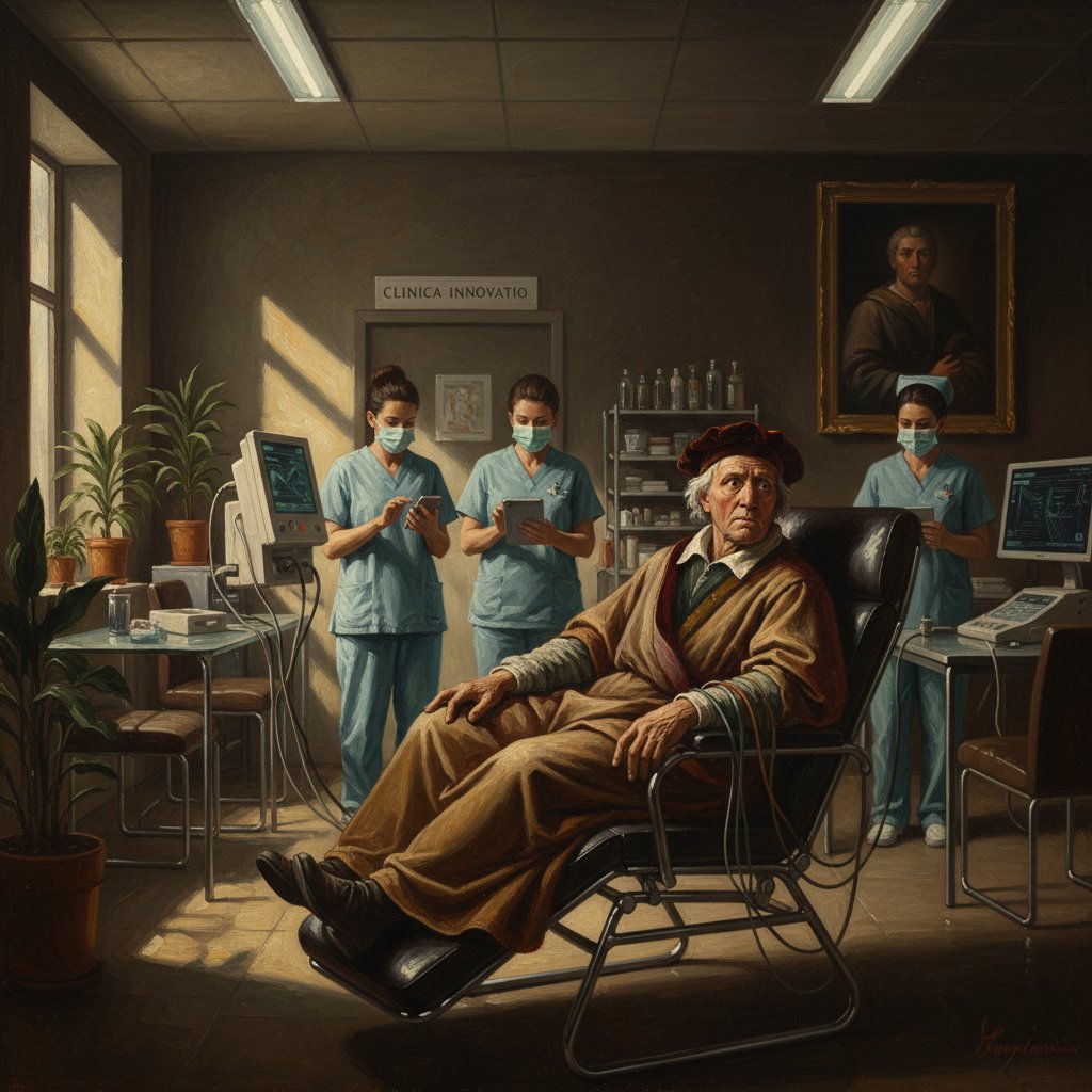 Historia postrzegania zaburzeń poznawczych od starożytności do dziś — obrazek przedstawiający starszą osobę w renesansowym stylu w nowoczesnej klinice, światłocień, 16:9