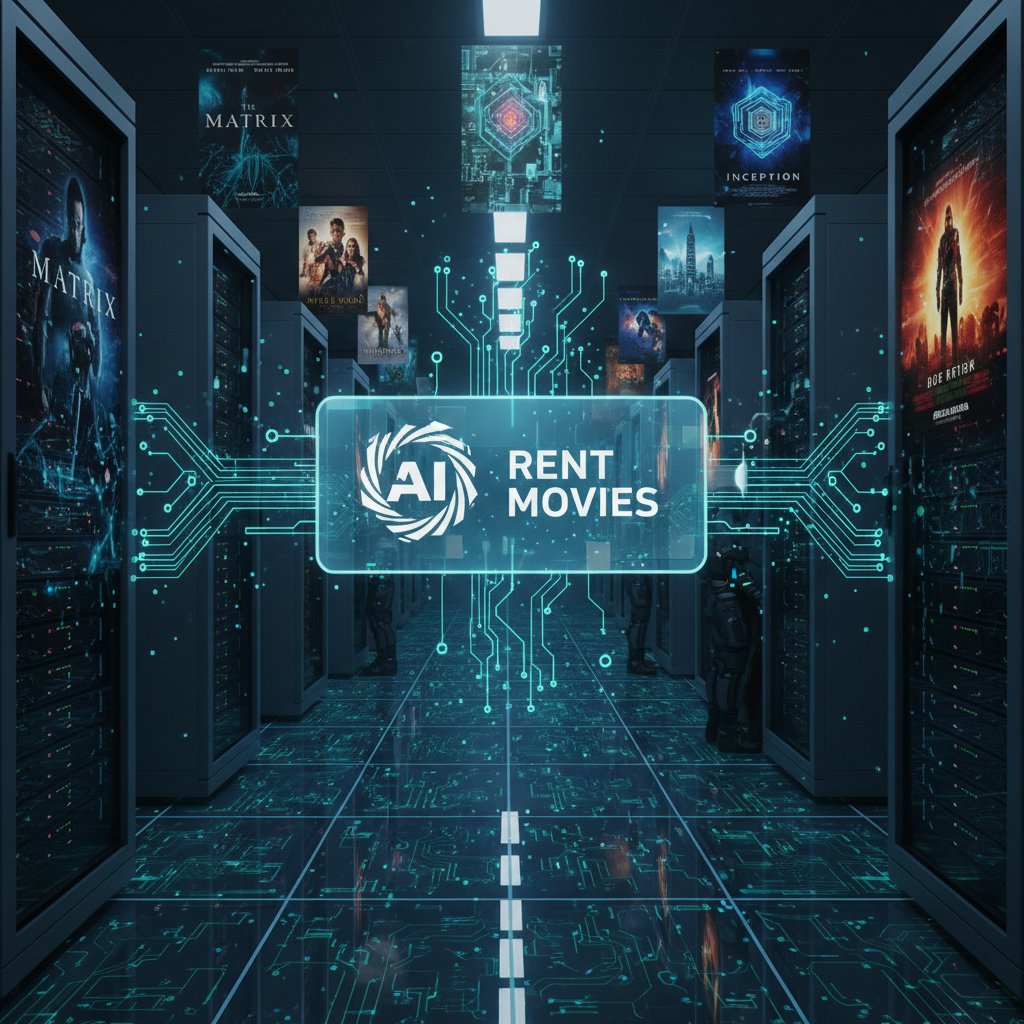 Close-up of server racks with movie posters and digital code—rent movies meets AI and blockchain