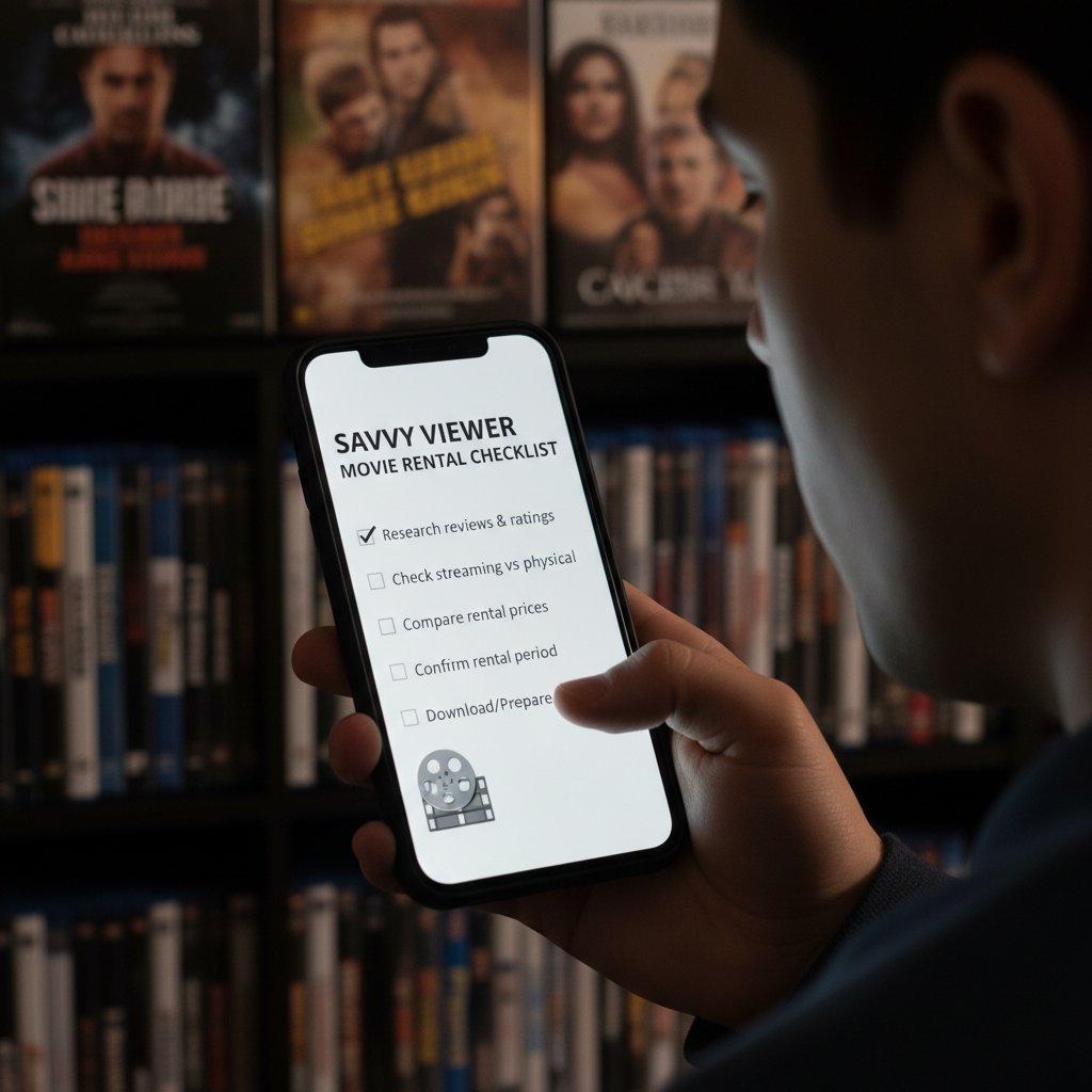 Savvy movie fan with digital rental checklist on phone—making the most of rent movies online