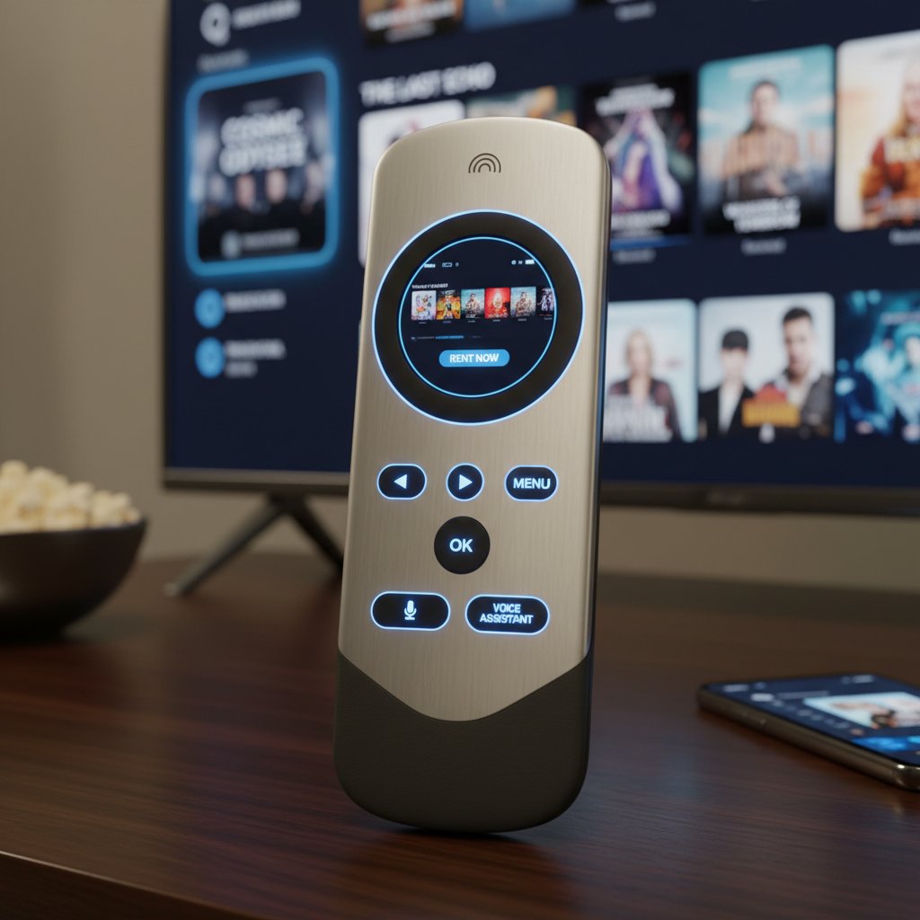 A person using a smart TV remote, browsing a digital movie rental interface—how to rent movies online