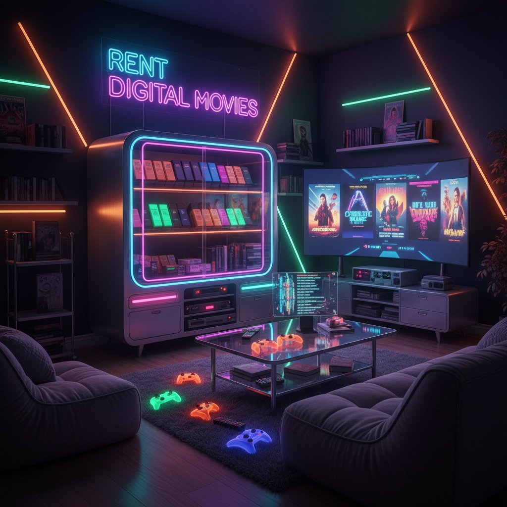 A neon-lit living room with streaming devices and nostalgic VHS tapes—rent movies and digital nostalgia converge