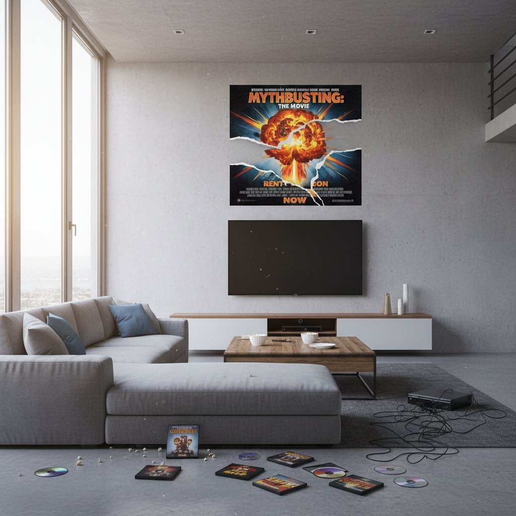 Digital mythbusting: A viewer breaking a “rent movies” myth poster in a modern living room
