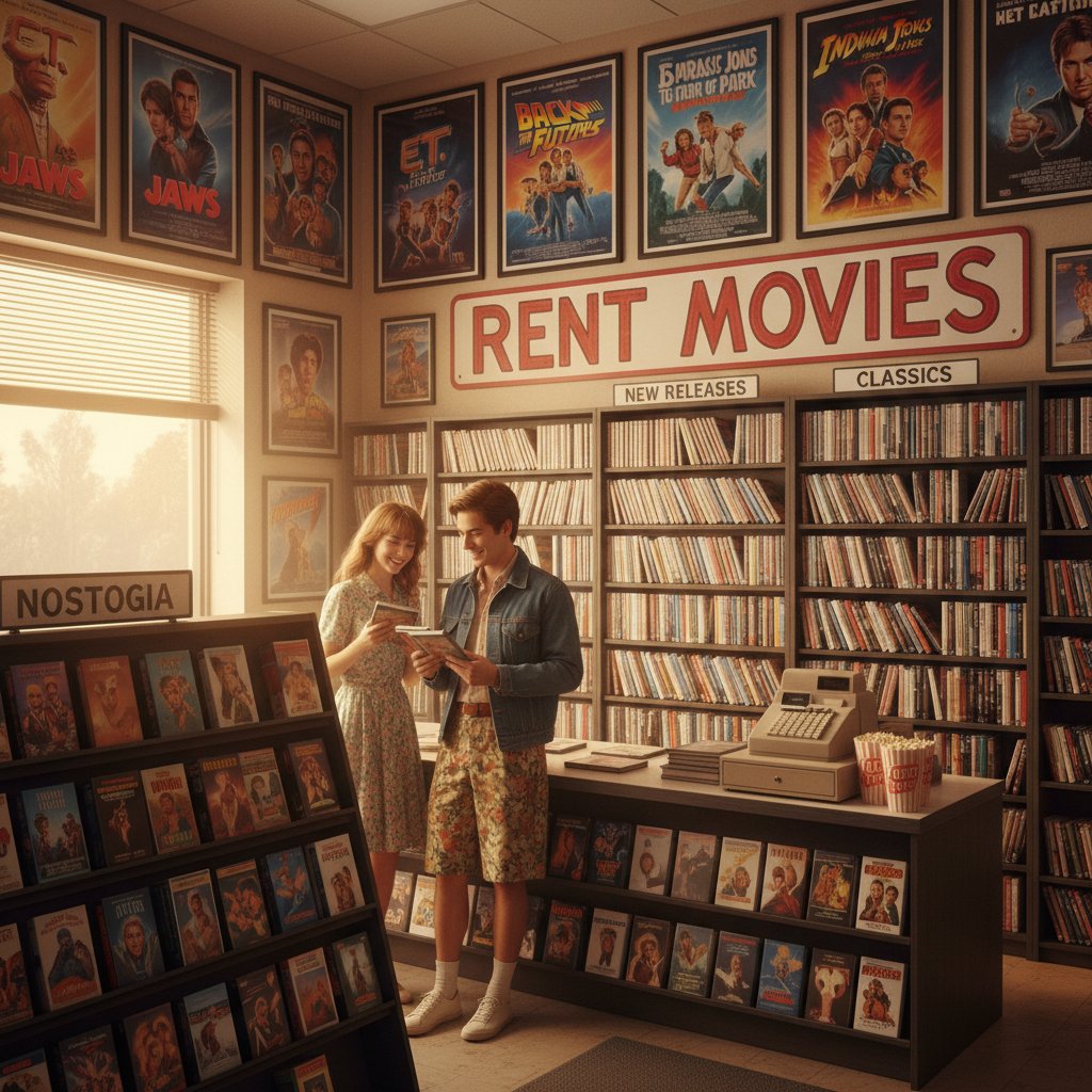 Nostalgic viewer surrounded by classic movie posters and VHS tapes—rent movies for comfort or discovery