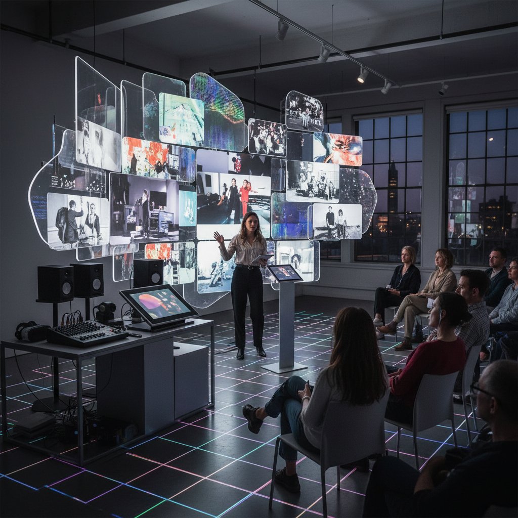 Creative use of report compilation, edgy photo of an artist presenting a vibrant multimedia report to an engaged audience