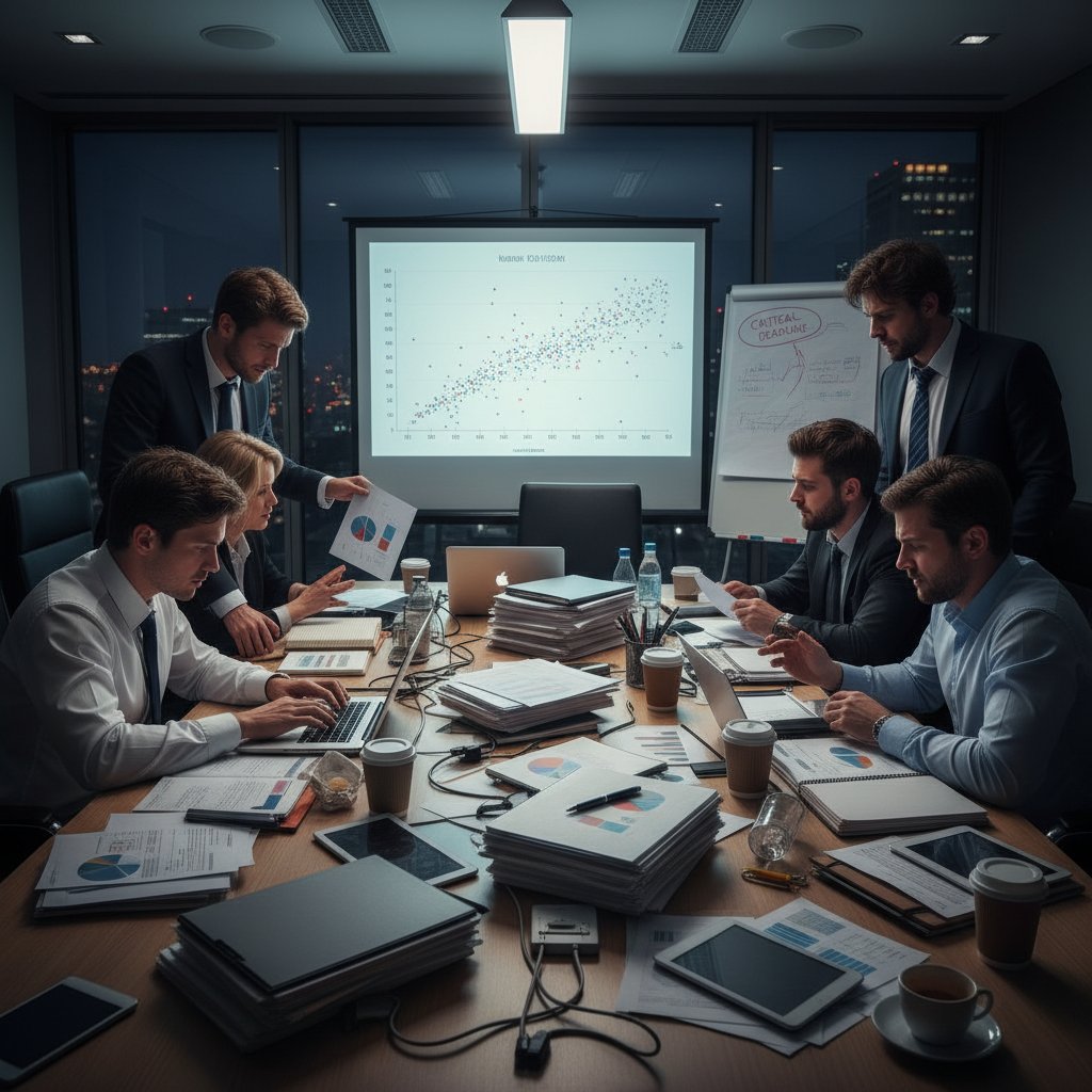 Boardroom crisis over failed report, gritty photo of tense executives surrounded by scattered documents and urgent body language