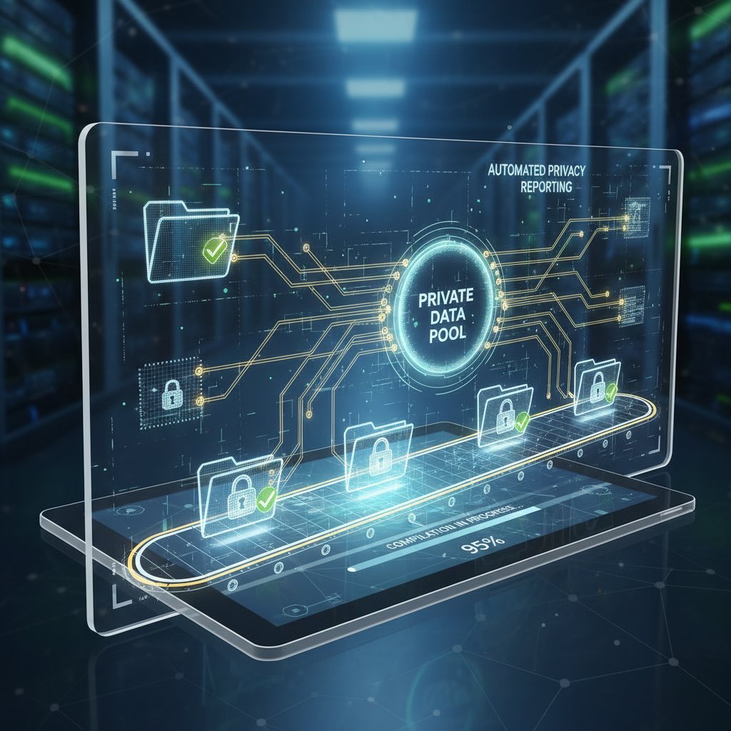 Data privacy in automated reporting, stark photo of a locked file cabinet merging into a digital screen, symbolizing the balance between legacy security and digital risk